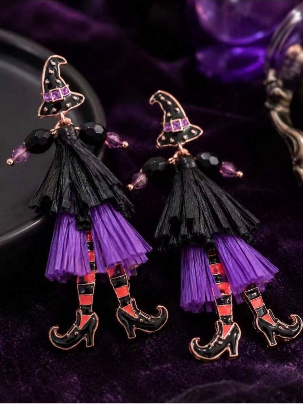 Witch Tassel Drop Earrings in Black & Purple